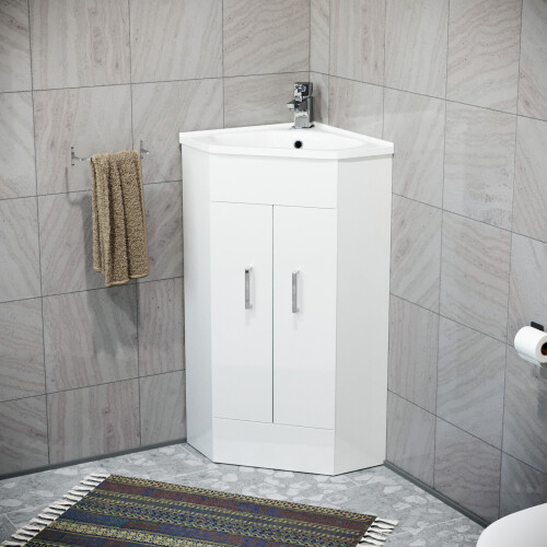 NES Home Nes Home White Corner Vanity Unit with Ceramic Basin and Square Mixer Tap + Waste