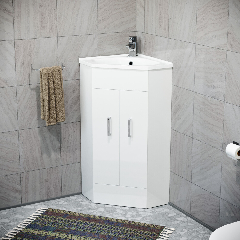 Nes Home White Corner Vanity Unit With Ceramic Basin And Square Mixer Tap + Waste