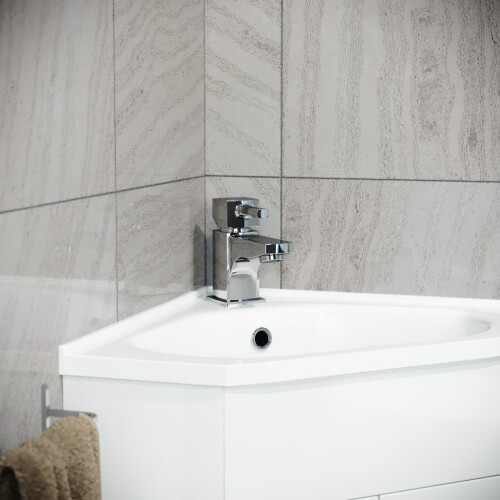 NES Home Nes Home White Corner Vanity Unit with Ceramic Basin and Square Mixer Tap + Waste 1