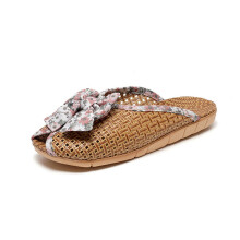 Suihyung Linen Weave Slides For Girls Summer Women Home Shoes Breathable Flax Slippers Big Floral Bow Peep Toe Sandals