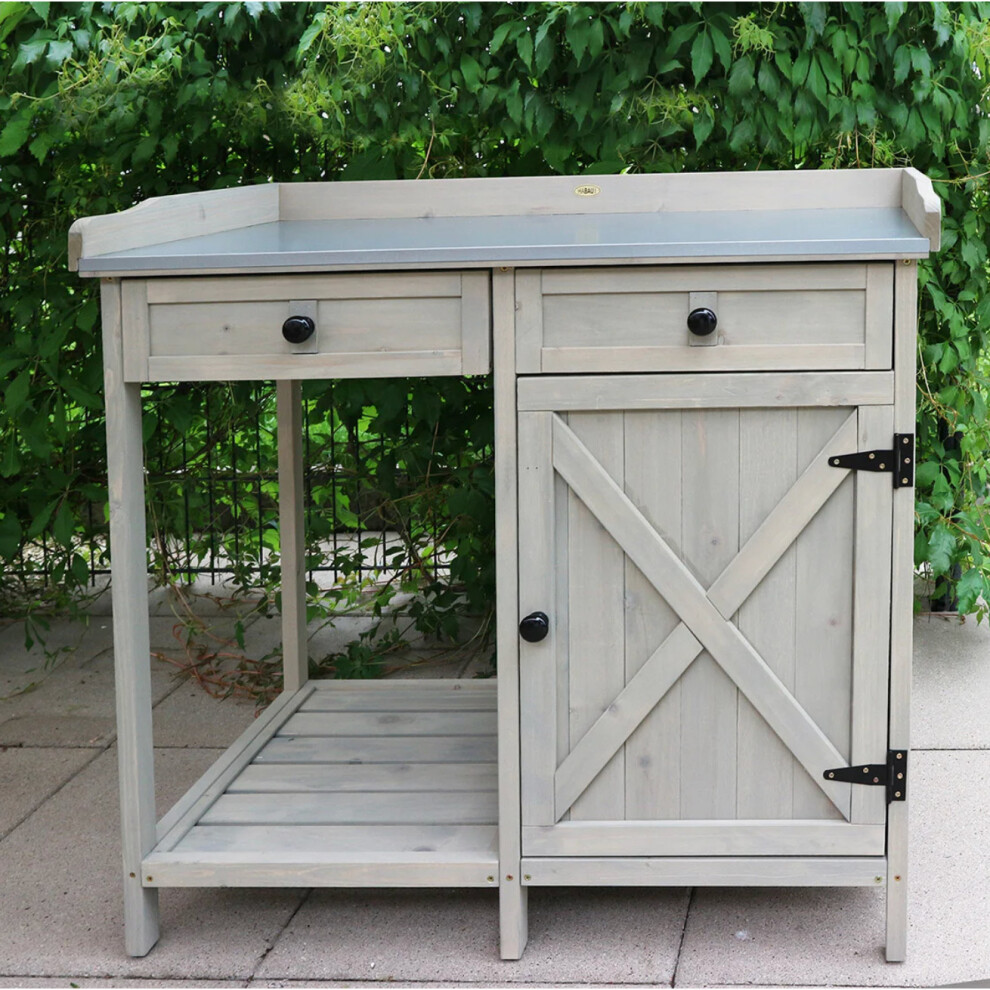 Hygrad Built To Survive Potting Bench Table - Wood Garden Work Station With Cabinet & 2 Drawers, Metal Top, Large Work Surface