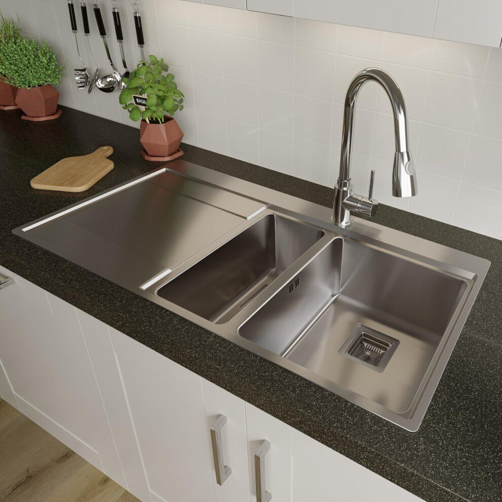 Sauber 1.5 Bowl Square Inset Stainless Steel Kitchen Sink With Left Hand Drainer