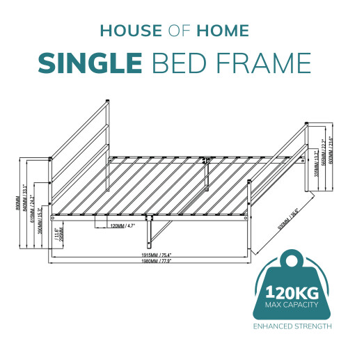 House of Home (Black, Single) Extra Strong Single Metal Bed Frame in Black - Single Bed Frames, 6ft x 4.6ft Base 1