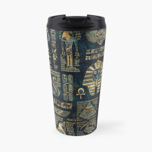 Insulated Travel Coffee Mug Egyptian hieroglyphs and deities -Abalone and gold Stainless Steel Cup Tumbler 17oz