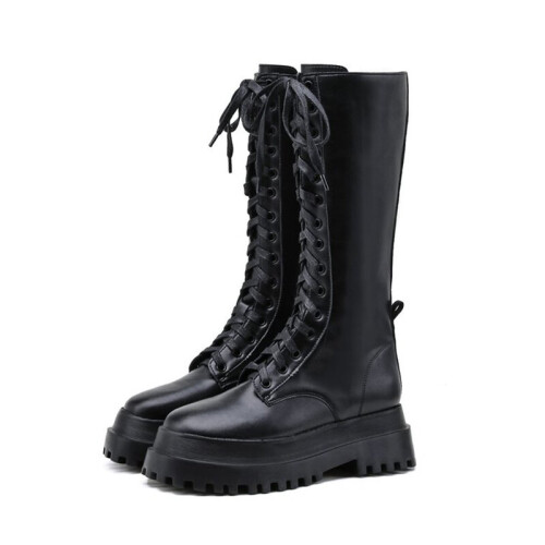 Chunky Platform Boots Women Autumn Winter PU Leather Knee High Boots ...