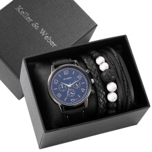 Watch Bracelet Gift Set Men Fashionable Quartz Dial Leather Strap Woven Bracelets Anniversary Present for Husband