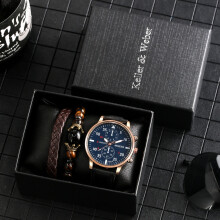 Men Wristband Bracelet 3-Piece Gift Set Practical Men's Watch Gift Box Quartz Rose Case Leather Strap Business High
