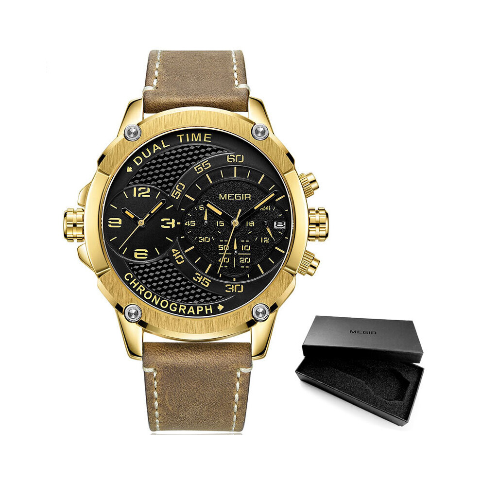 Men's Double Time Zone Chronograph Quartz Watches Waterproof Lumious Leather Band Army Sports Wristwatch for Man 2093G-BK-image-OPC-PBT8PPV-NEW