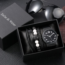 Male Watch Bracelet Set Quartz Dial Clocks Leather Strap Band 3 Pieces Hand Chains Watches Gift Set for Father Son