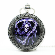 Carving Skull Flame Death Quartz Pocket Watch with Necklace Chain Boys