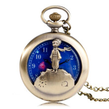 Retro Bronze Little Prince Pocket Watch Fob Quartz Clock Chain Planet Necklace Pendant Gift for Children Boys Girls