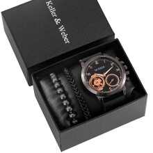 Watch Bracelet Set Men Leather Wristwatch Quartz Numerals Dial Male Elasticity Bangles for Husband