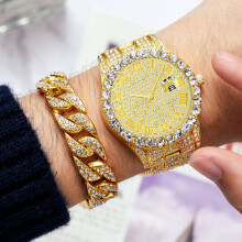 Rhinestone Stainless Steel Golden Watches And Bracelets Set Women Men Quartz Watches Relogio Feminino Masculino
