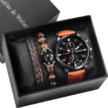 Watch Gift Set Men Brown Quartz Clock High Leather Band Men's Wrist Bracelet Anniversary Box for Husband