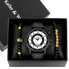 Casual Quartz Watch Green Leather Strap Men's Skull Elastic Bracelets Gift Set With Box for Man Husband Father