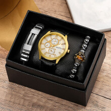 Men's Watch Bracelet Set Quartz Watch Sets Men Gift Bracelet Bead Men's Wrist Watch Set Business Gift for Boyfriend