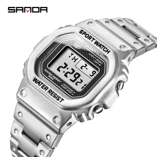 Sanda Top Luxe Heren Horloges Led Digitale Horloge Mannen 5ATM Casual Waterdicht Horloge Staal Klok Relogio Masculino 390