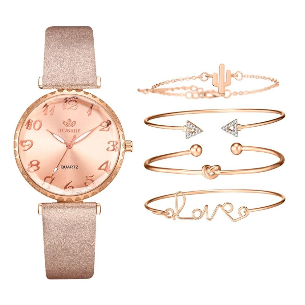 5pc/set Women Watches Round Arabic Numerals Leather Watch Women Dress Ladies Wristwatches Bracelet Watch Set-image-OPC-PBTB282-NEW