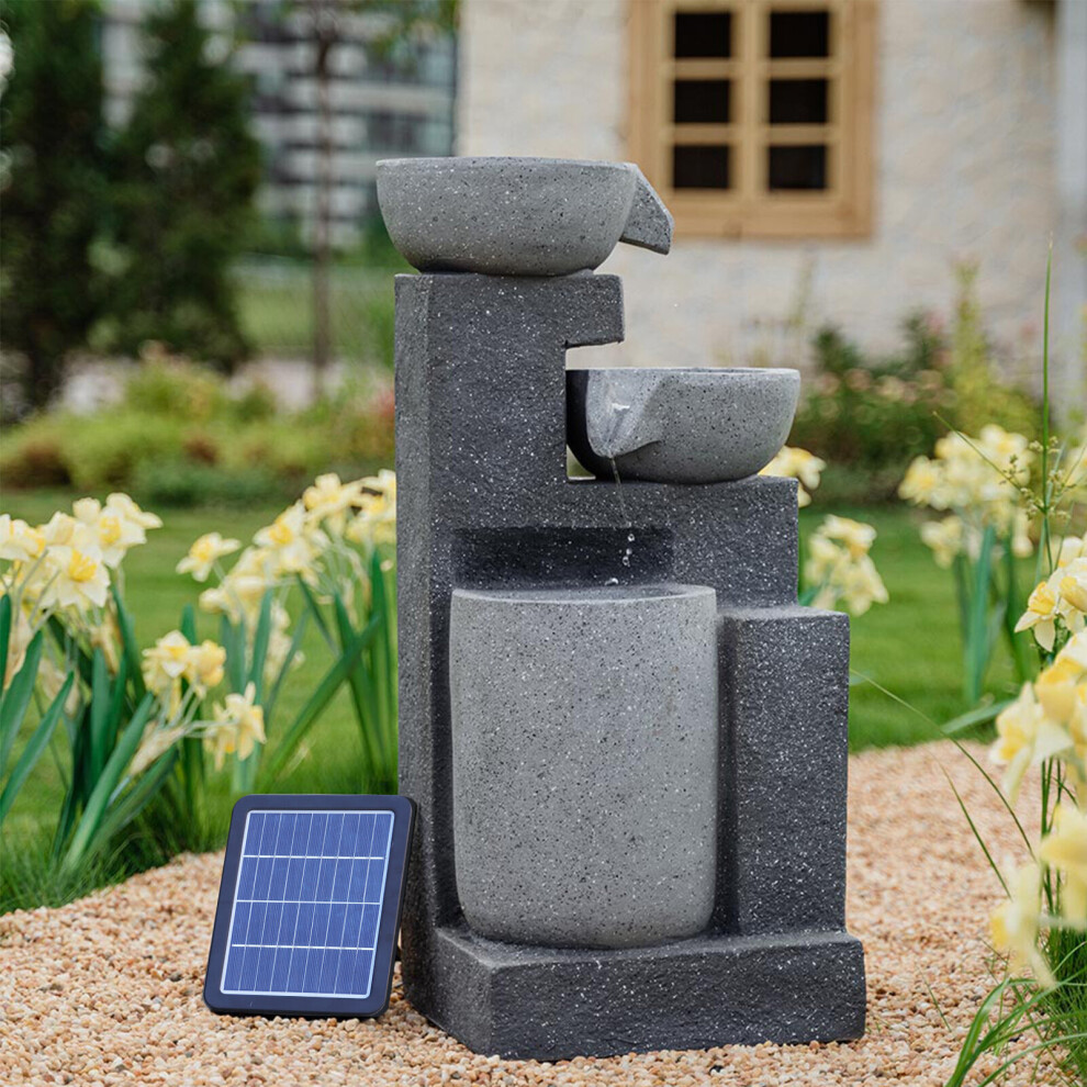 Outdoor 3 Bowls Water Feature Fountain Rockery Decor Solar Powered