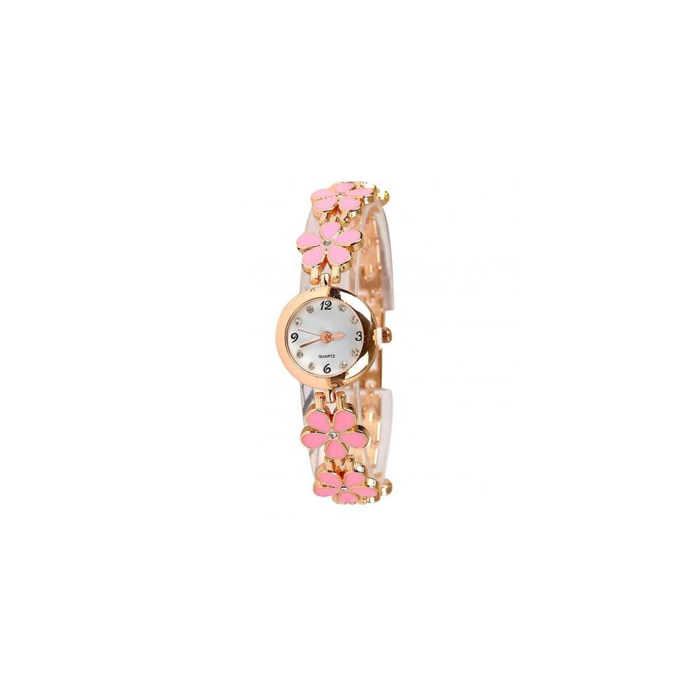 Women Watches Rhinestone Flower Round Dial Analog Quartz Bracelet Watch Gift Ladies Vintage Bracelet Wristwatches Pink