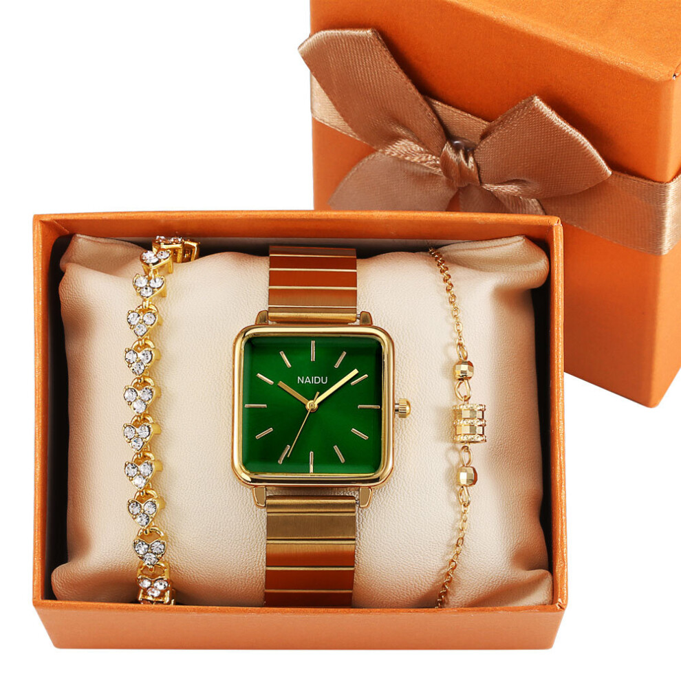 Women Bracelet Watches Gift Set for Women Square Stainless Steel Quartz Watch Green Dial Women Watches-image-OPC-PBTB7NX-NEW