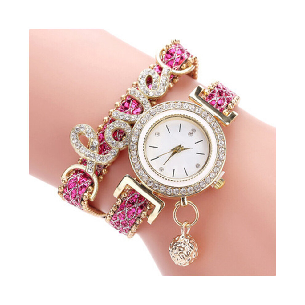 Women Bracelet Watches Ladies Love Leather Strap Rhinestone Quartz