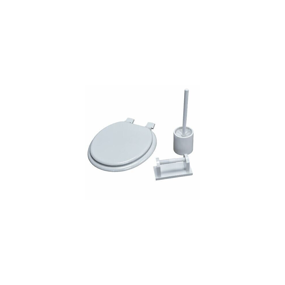 3 in 1 Classic Oval Shaped Design White Toilet Seat, Paper Holder and Pine Brush Holder