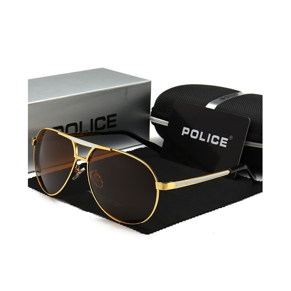 ( Gold) Men's HD Polarized PL Sunglasses With Box Classic Driving Police Glasses