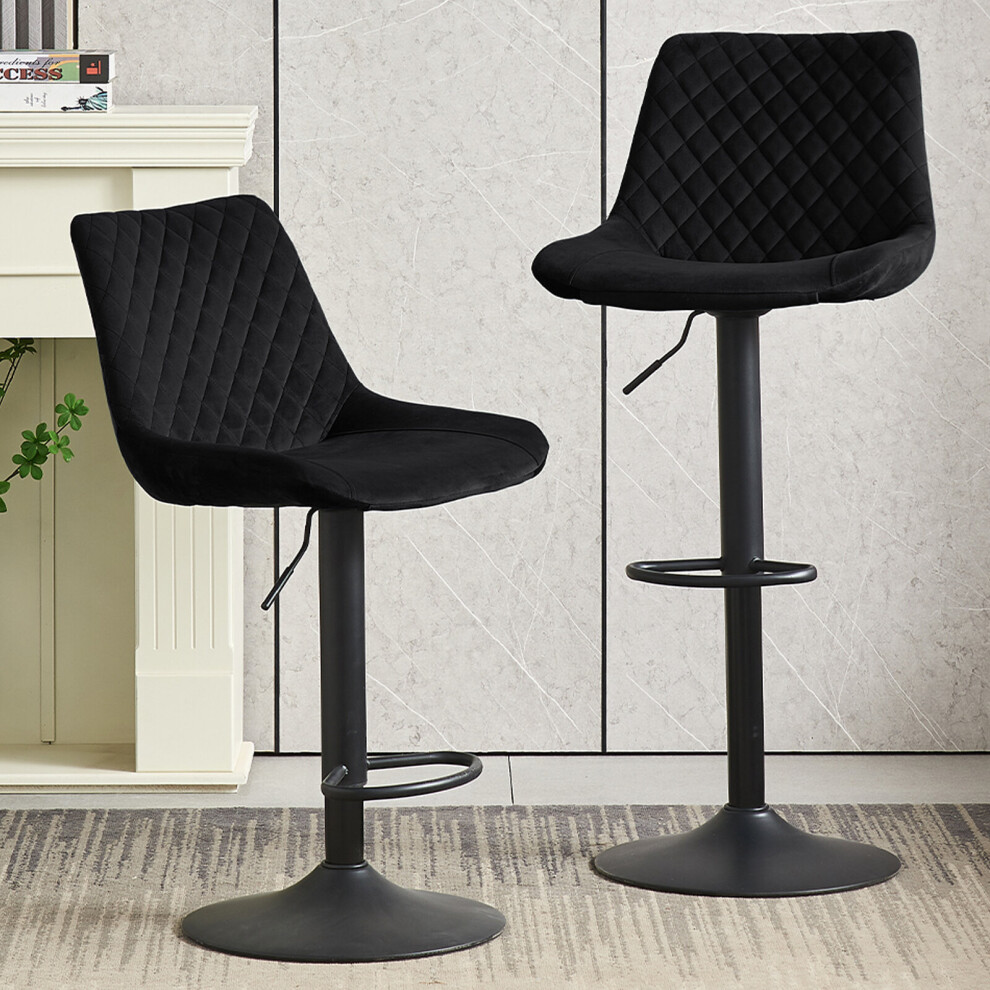 (Black) 2pcs Velvet Bar Stools Swivel Gas Lift Rest Chair