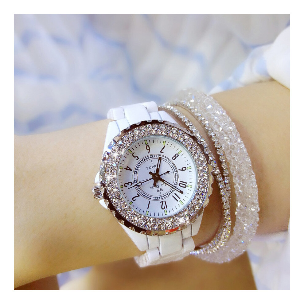 Crystal Women Watches Female Quartz Watch Diamond Wristwatch For Ladies Rhinestone Classic Ceramic Watch Clock White