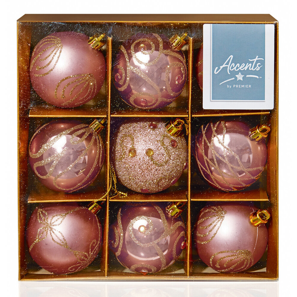 Premier 60Mm Rose Christmas Baubles | 9 Assorted | Shatterproof Tree Decorations Gold