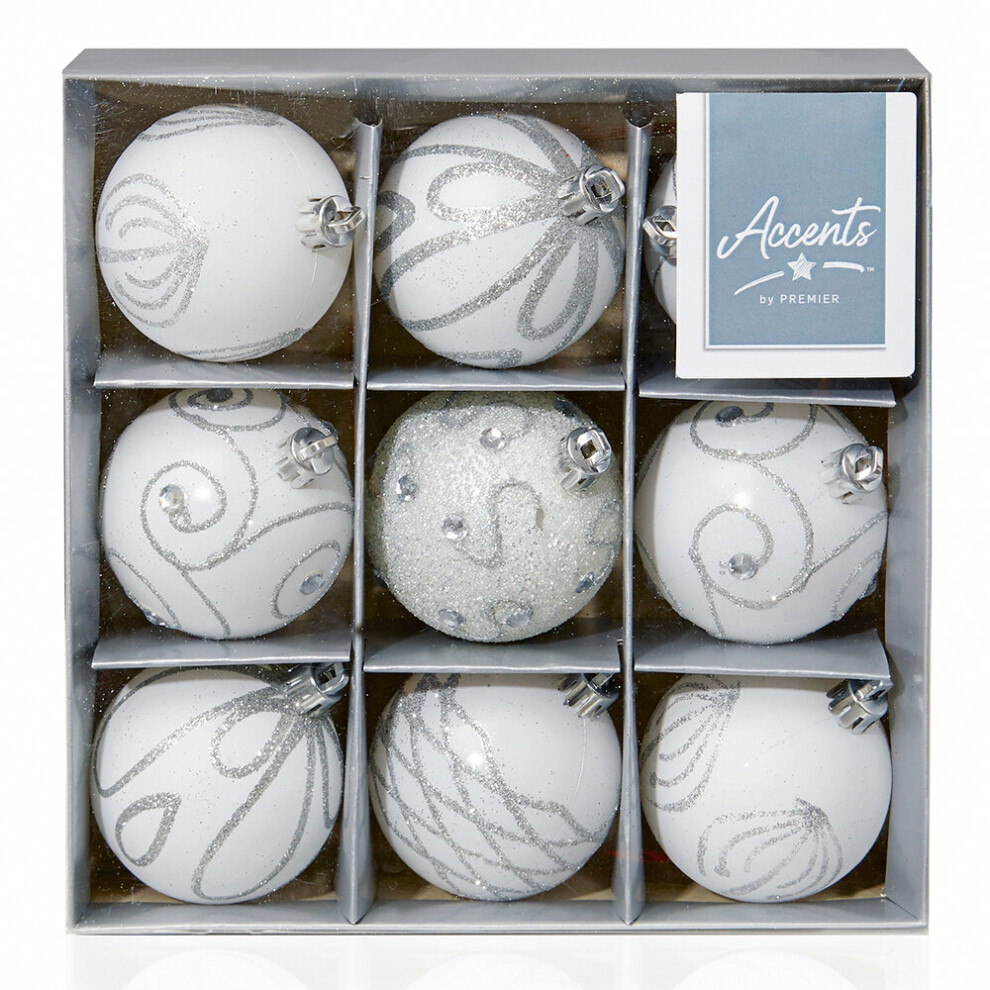 60mm White Christmas Baubles | 9 Assorted | Shatterproof Tree Decorations