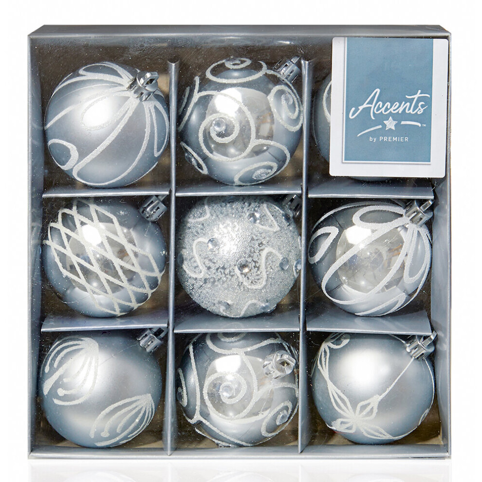 60mm Silver Christmas Baubles | 9 Assorted | Shatterproof Tree Decorations