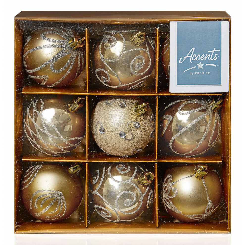 60mm Champagne Gold Christmas Baubles | 9 Assorted | Shatterproof Tree Decorations