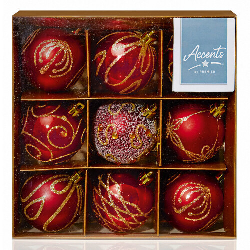 Premier 60mm Red Christmas Baubles | 9 Assorted | Shatterproof Tree Decorations