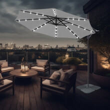 (Grey) 3M Garden Banana Patio Cantilever Parasol 32 LED Lights Umbrella with Base