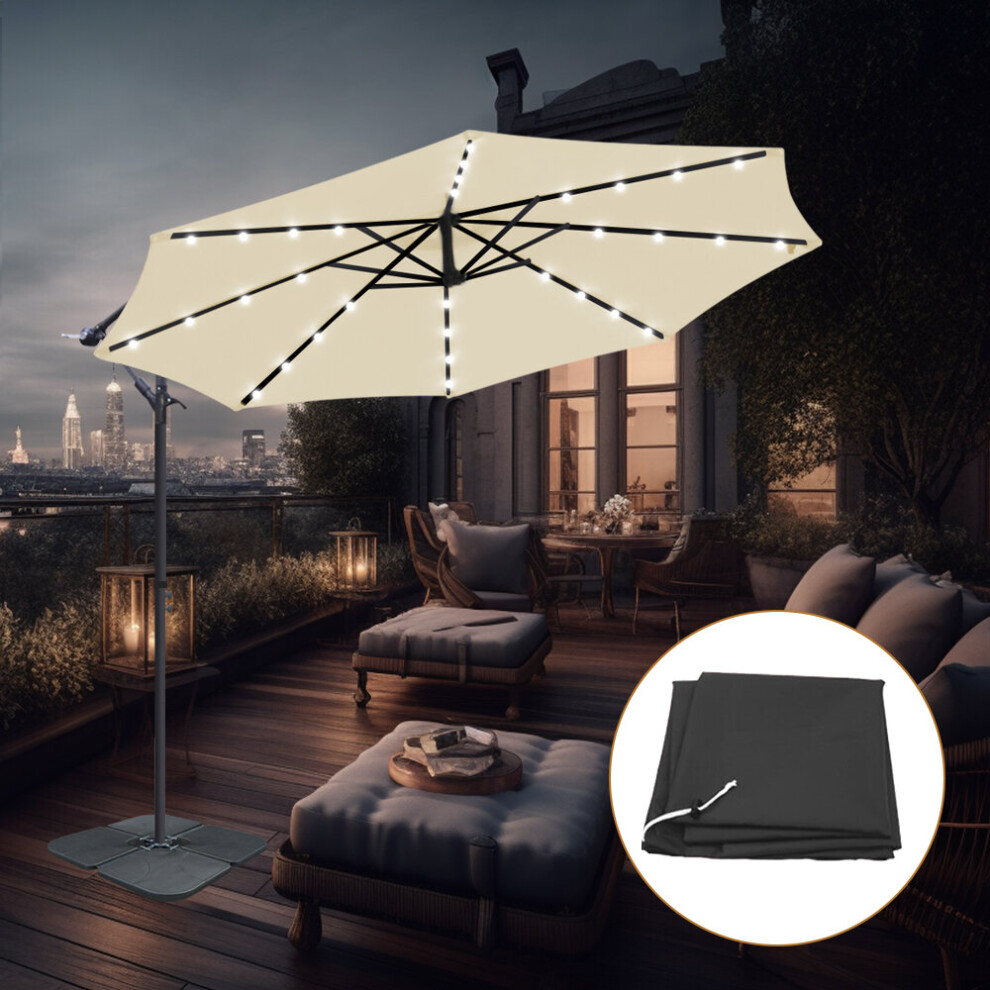 (Cream) 3M LED Patio Banana Parasol Garden Hanging Cantilever Umbrella with Base Cover