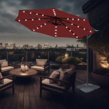 (Wine) 3M Garden Banana Patio Cantilever Parasol 32 LED Lights Umbrella with Base
