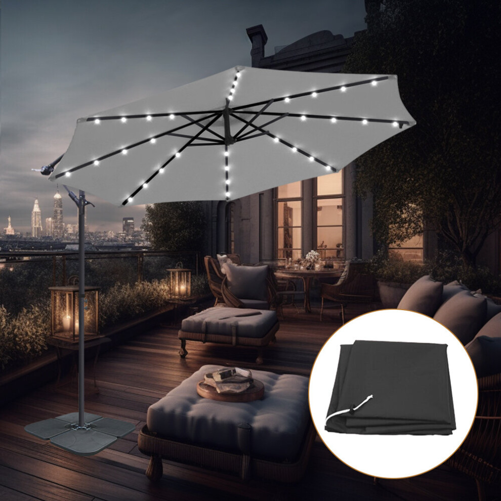 (Grey) 3M LED Patio Banana Parasol Garden Hanging Cantilever Umbrella with Base Cover