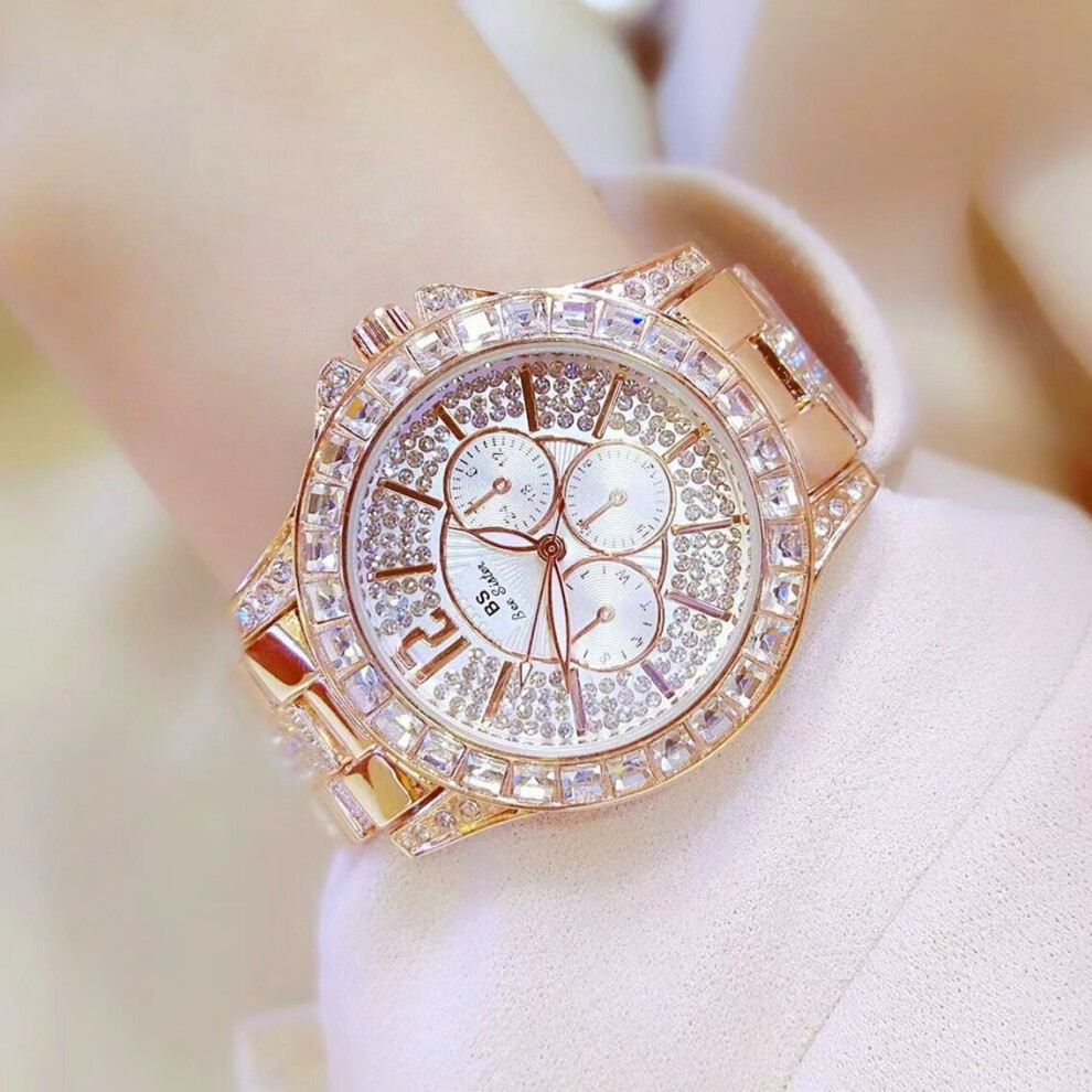 Ladies Quartz Strap Bracelet Silver Square Diamond Rhinestone Full Diamond Watch Watch Moon Phase Watch