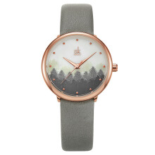 Ladies Watch Rosegold Small watch Grey Leather Strap Mountain Forest Women Watches Gift for Women