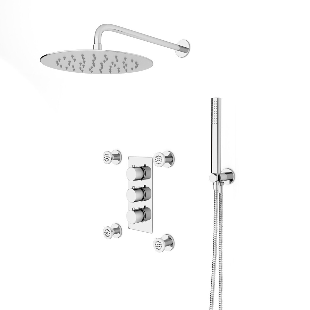 Nes Home Round 3 Way Concealed Thermostatic Shower Mixer Valve, Head, Handset, Body Jets Set Chrome