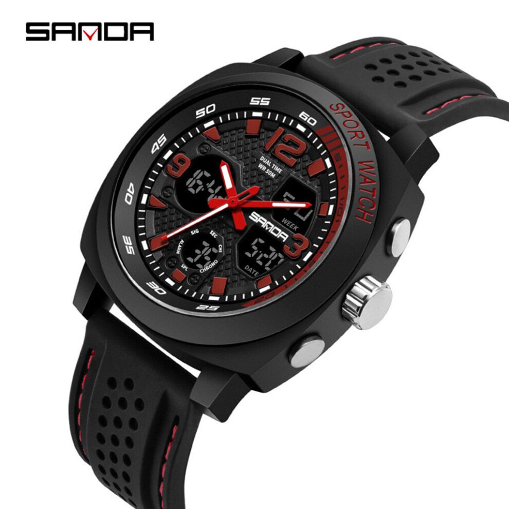 Smart Watch Leather Strap Men Sport Watch Dual Display Analog Digital Led Electronic Wrist Watches Red 885653502237