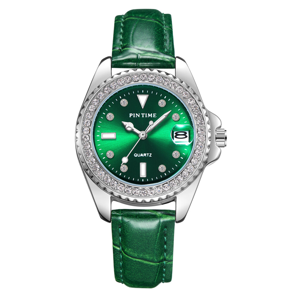 Women Casual Green Leather Strap Watch Waterproof Stainless Steel Iced Bezel Diamond Dial Quartz Analog Wrist Watch Female-image-OPC-PBTC8HY-NEW