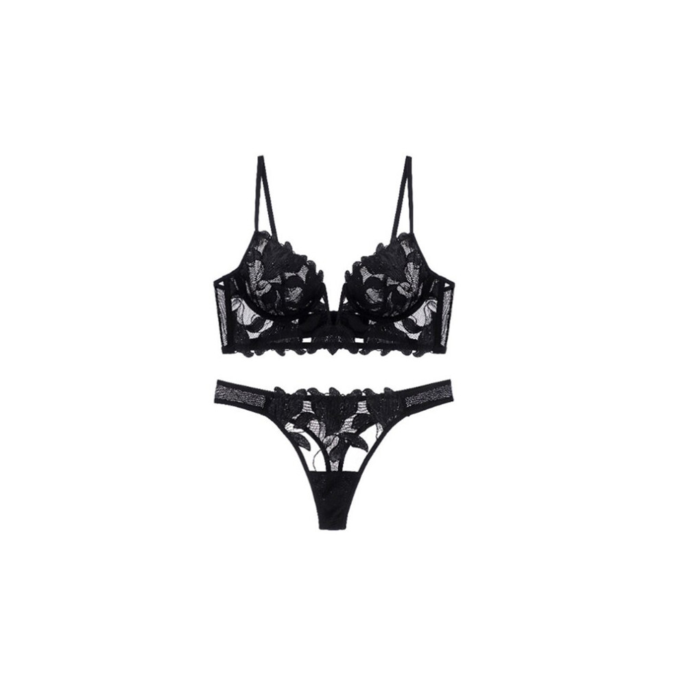 (Black, M) Women's Laced Lingerie Knickers and Bra Set