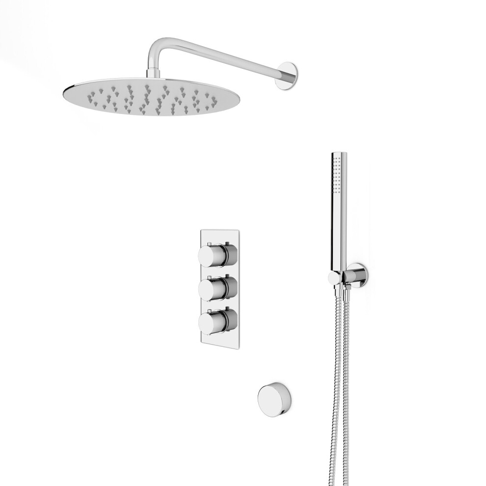 Nes Home Round 3 Way Concealed Thermostatic Shower Mixer Valve, 300 mm Shower Head, Handset, Bath Filler Set Chrome