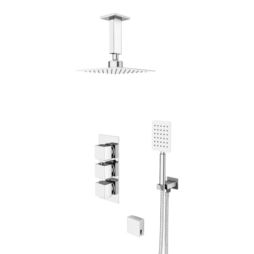 Nes Home Square 3 Way Concealed Shower Mixer Valve, Ceiling Shower Head, Handset,Bath Filler Set Chrome