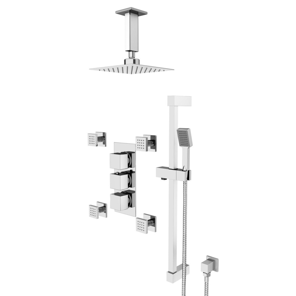 Nes Home Square 3 Way Concealed Shower Mixer Valve, 200mm Shower Head, Handset, Slider Rail, 4x Body Jets Set Chrome