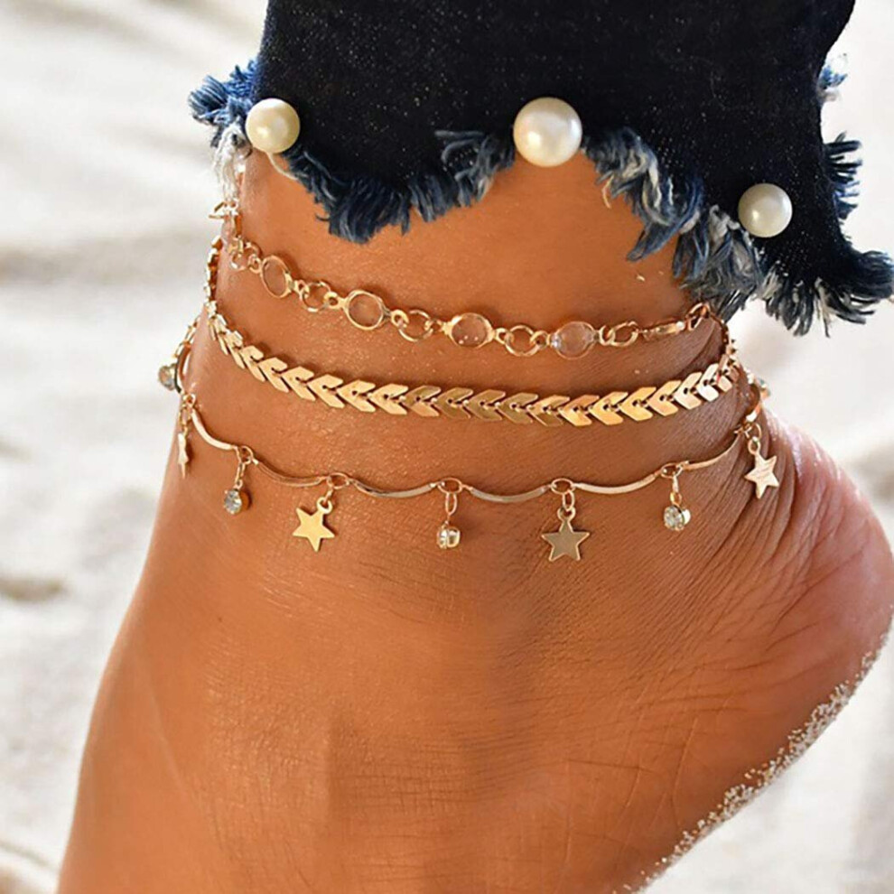 Boho Layered Star Anklet Gold Rhinestone Anklet Layered Beaded Anklet Jewelry Findings for Women and Girls