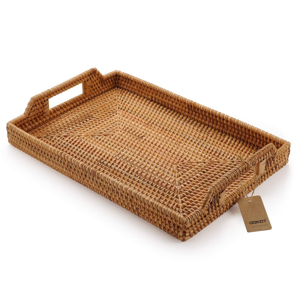 Serving Tray Rectangular Non-Slip Tray With Handle, Rattan (Natural, 37X26X3.5Cm)